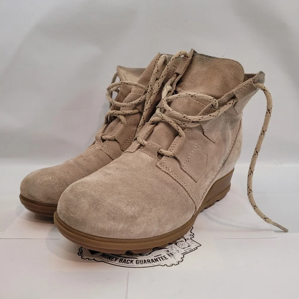 Sorel Evie Sport Lace Leather Boots Womens 9.5 Grey Suede Wedge NL3322-271